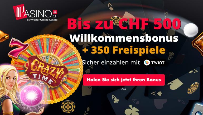 Werden Sie Mitglied bei PASINO Casino Online: Holen Sie sich bis zu 500 Fr. Bonus + 350 Freispiele und vieles mehr!